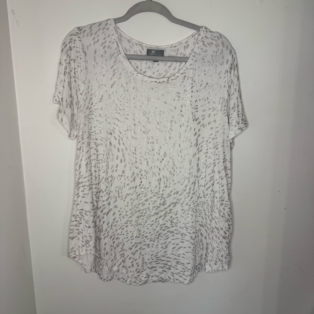 JM Collection Women's White Spotted Short Sleeve Top Whimsical Stretchy XL
